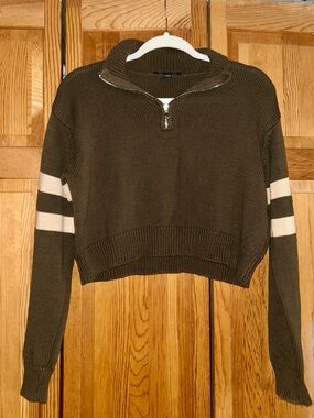 Olive Green Cropped Quarter-Zip Hoodie Sweater with Cream Sleeve Stripes